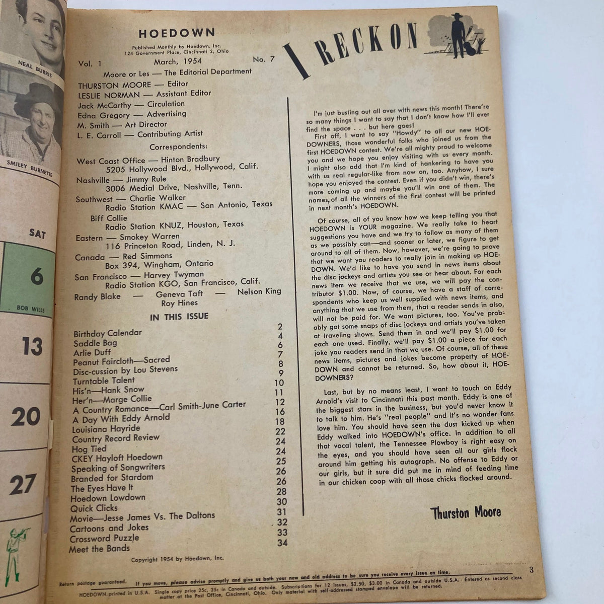 Inside page of VTG Hoedown Magazine March 1954 Vol 1 No. 7 displaying the editorial section and contents including June Carter and Carl Smith.