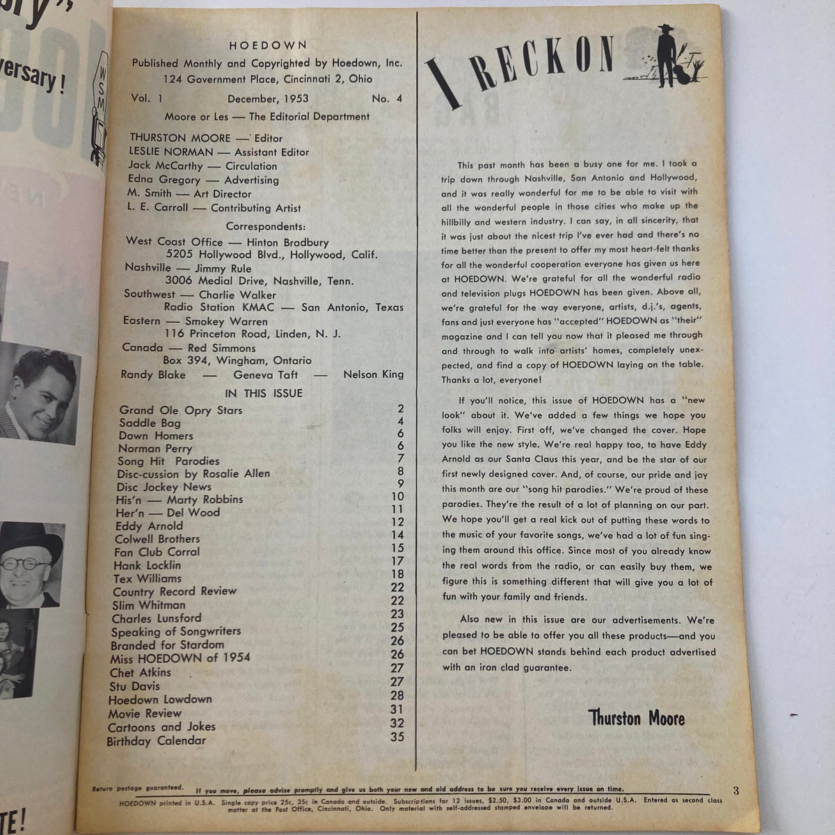 Inside page of VTG Hoedown Magazine December 1953 Vol 1 No. 4, featuring the editorial section with a list of contributors and the magazine's contents.