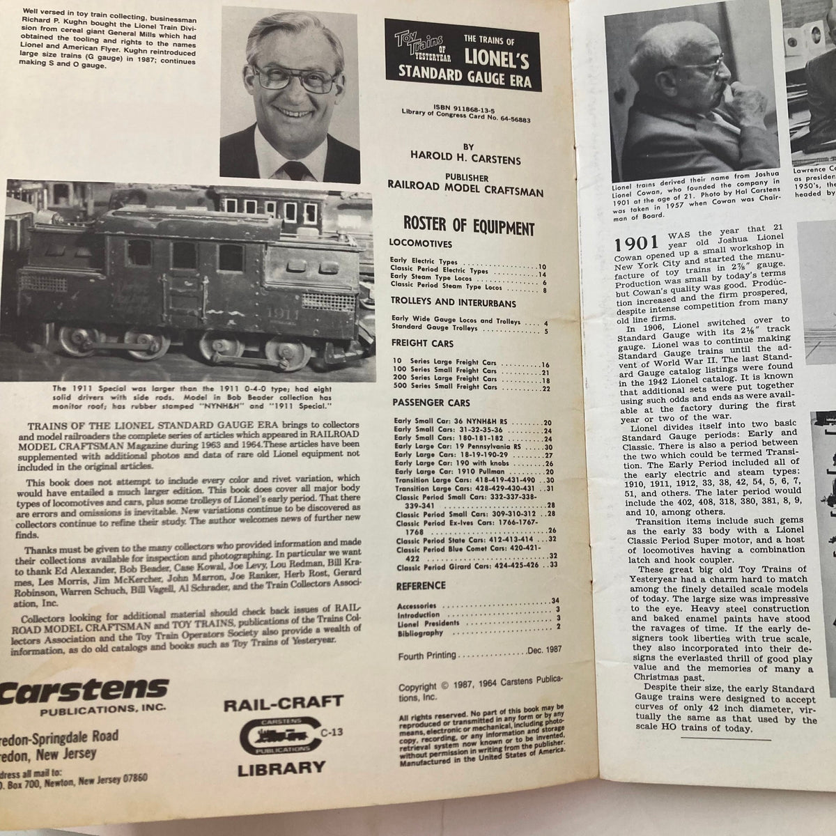VTG 1968 Toy Trains of Yesteryear magazine page featuring the history of Lionel's Standard Gauge Era, showcasing a vintage train, publisher details, and roster of equipment with images of collectors and train types.