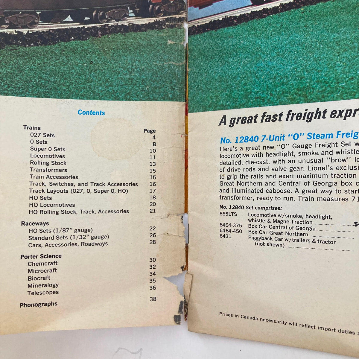 Inside contents page of the VTG 1966 Lionel Trains, Raceways, Phonographs, Science Sets Catalog listing various train sets and toy models.