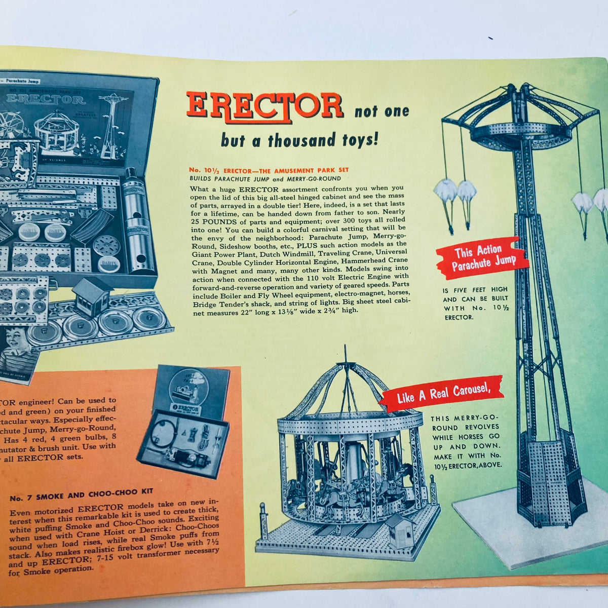 VTG 1952 American Flyer Trains and Gilbert Toys 282 325 Silver Streak 360 advertisement featuring Erector Amusement Park Set with a detailed description of model constructions including a Merry-Go-Round and Parachute Jump.