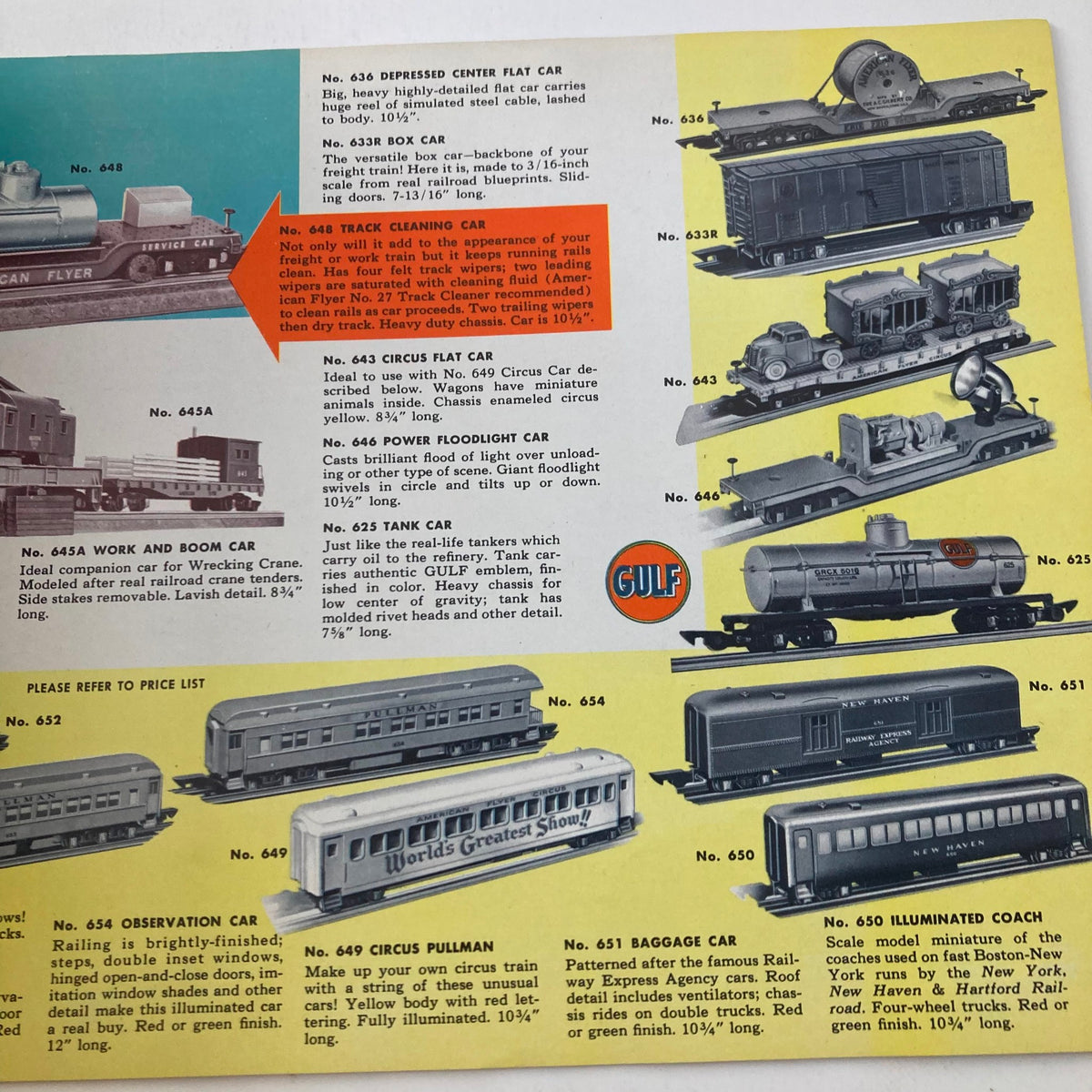 VTG 1952 American Flyer Trains and Gilbert Toys 282 325 Silver Streak 360 advertisement displaying various American Flyer train cars with detailed descriptions, highlighting the collectible nature and nostalgia of vintage toy trains.