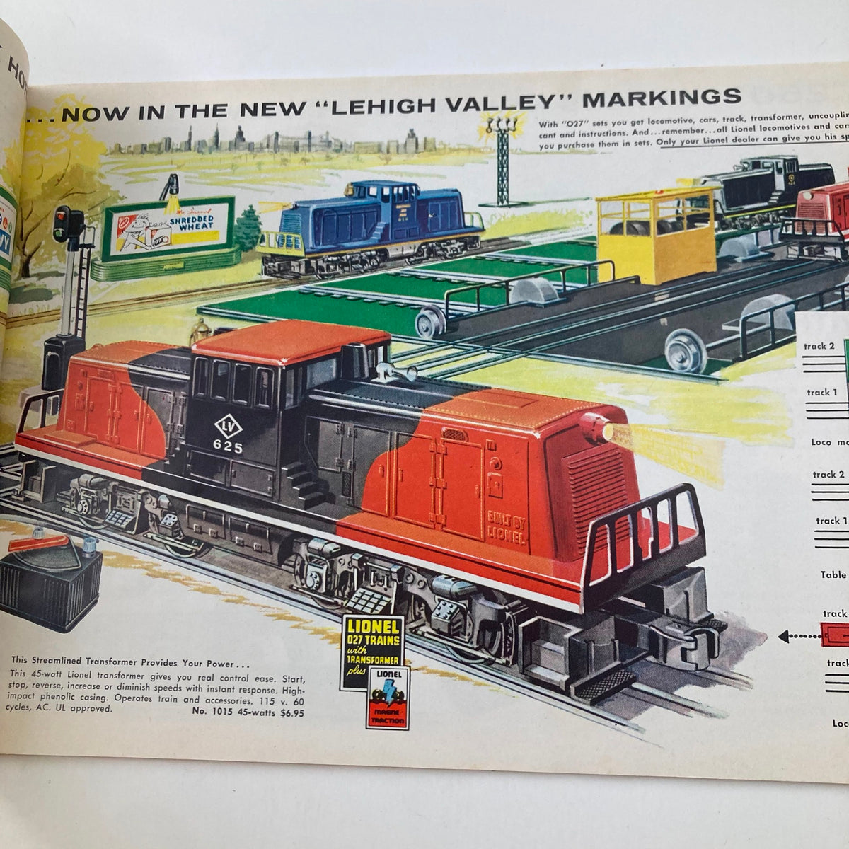 Illustration of Lionel train set featuring the Lehigh Valley markings with vibrant graphics showcasing locomotive and layout.