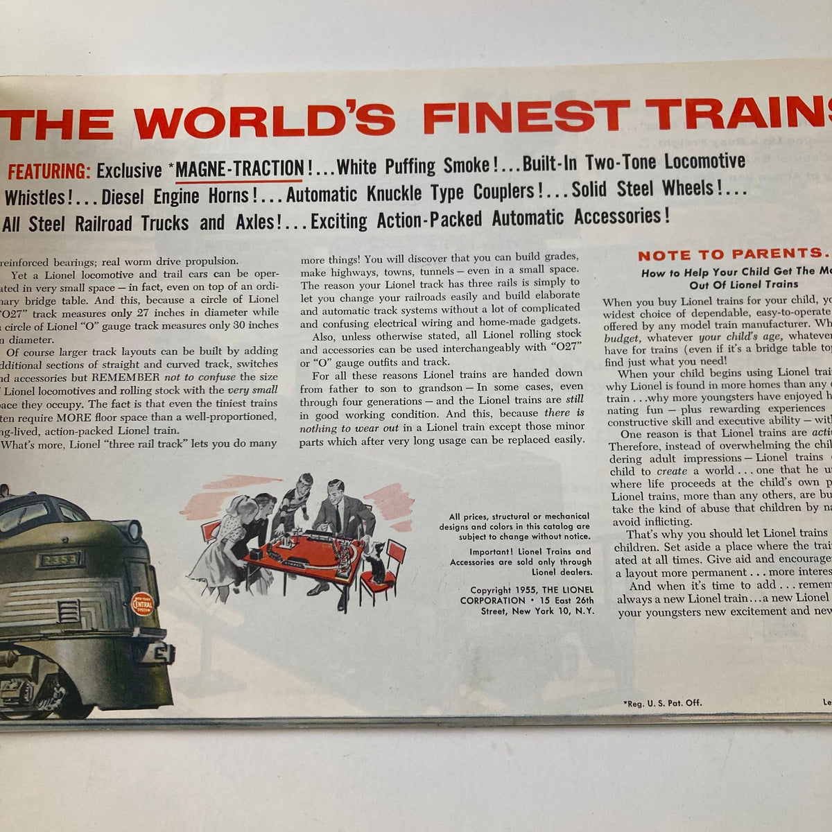 Interior page from the VTG 1955 Lionel World's Finest Trains Consumer Catalog, showcasing features like 'MAGNE-TRACTION', automatic knuckle couplers, and a family enjoying model trains. This full color page highlights mid-century toy train innovations.