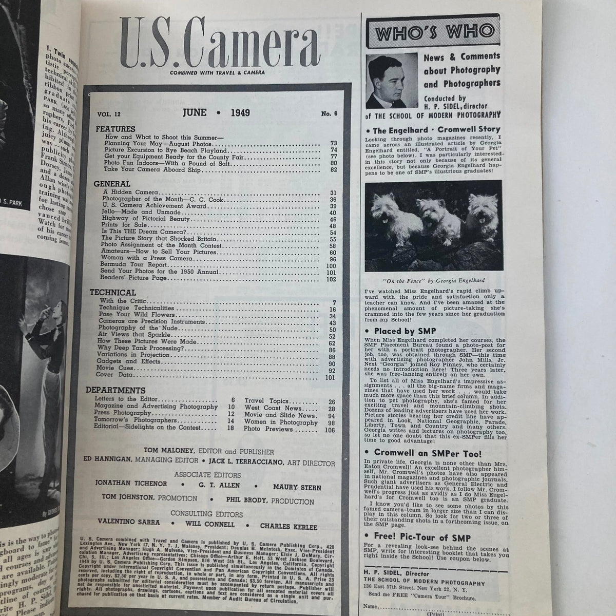 Table of contents from the VTG U.S. Camera Magazine June 1949, Vol 12 No. 6, featuring articles on photography, hidden cameras, and notable photographers.