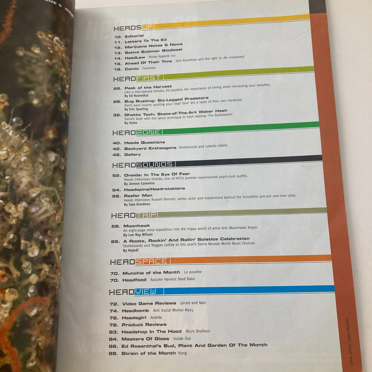 Table of contents from Heads Magazine September 2005, Vol 5 No. 7, featuring articles about water hash and cannabis culture.