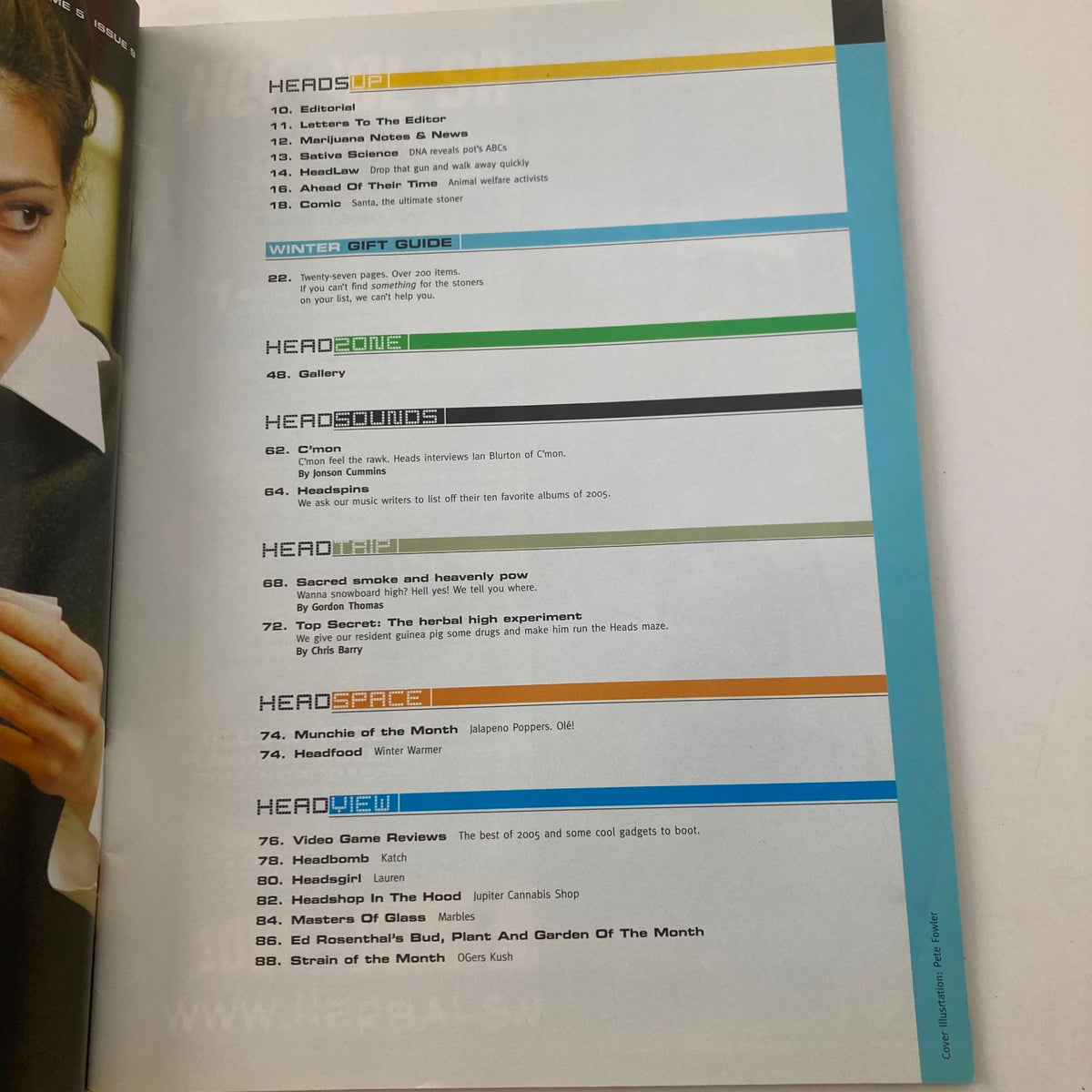 Contents page of Heads Magazine 2005 Vol 5 No. 9 displaying sections like winter gift guide, headspace, head shops, and features.