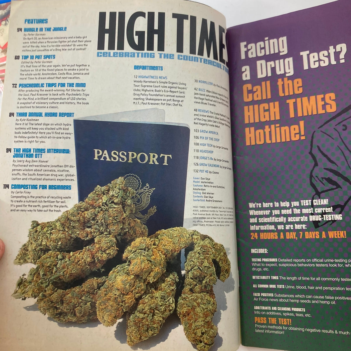 Inside page of High Times Magazine September 2001, highlighting features and advertisements related to cannabis culture, with a focus on drug testing resources.