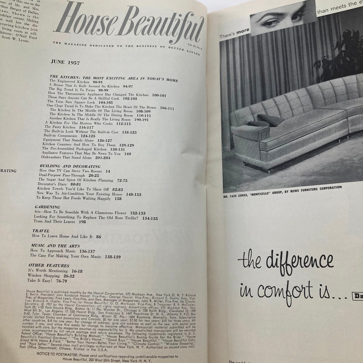 Inside page of House Beautiful Magazine June 1957, displaying the table of contents highlighting kitchen articles and design insights.