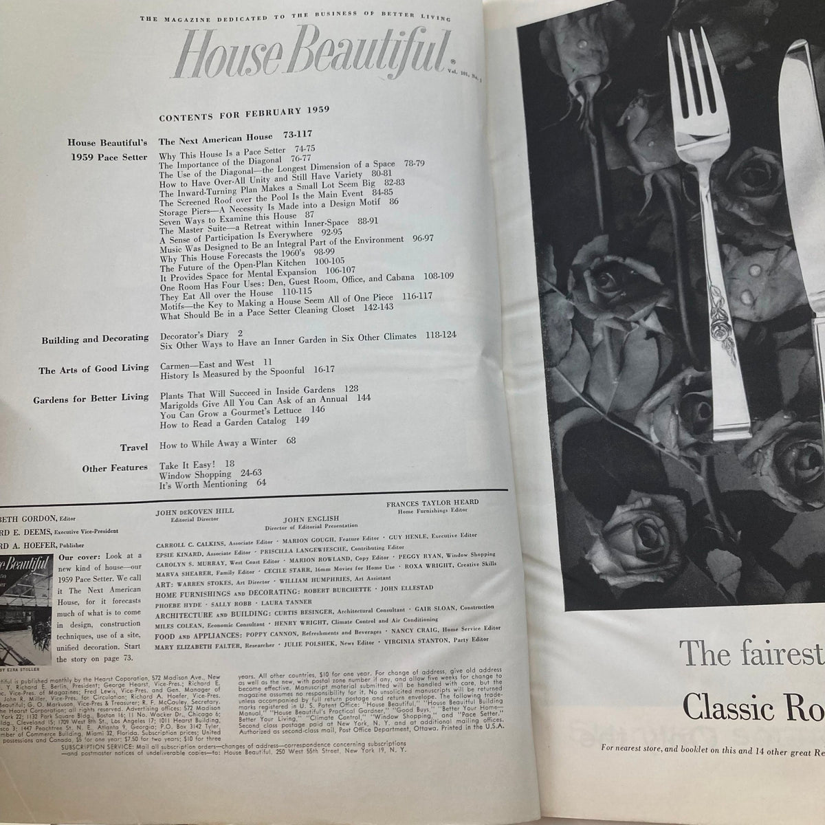 Inside page of House Beautiful Magazine February 1959, titled The 1959 Pace Setter, displaying the contents list and an elegant black and white photo of cutlery and roses.