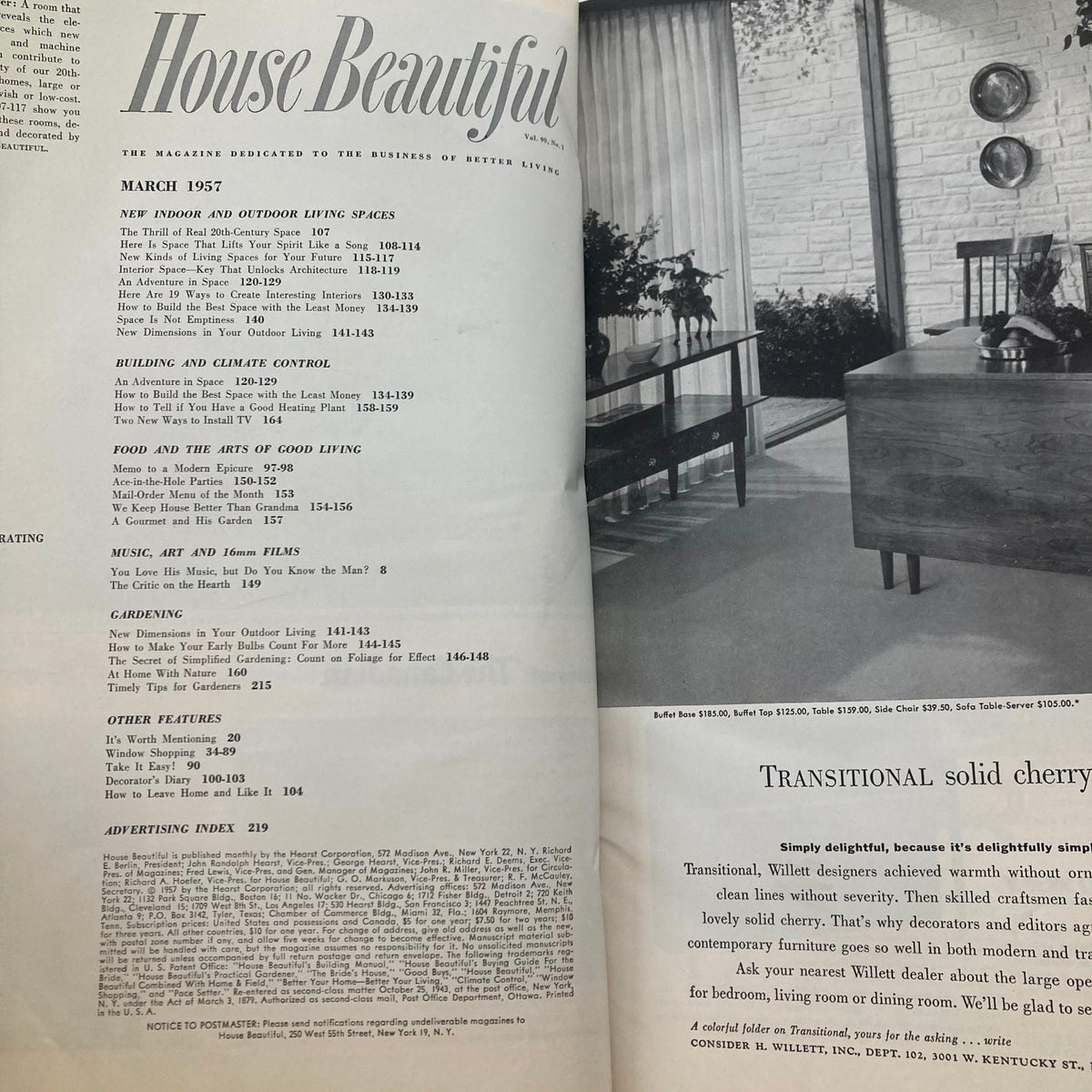 Table of contents from House Beautiful Magazine, March 1957, highlighting articles on indoor and outdoor living spaces, building and climate control, and gardening related to mid-century design.