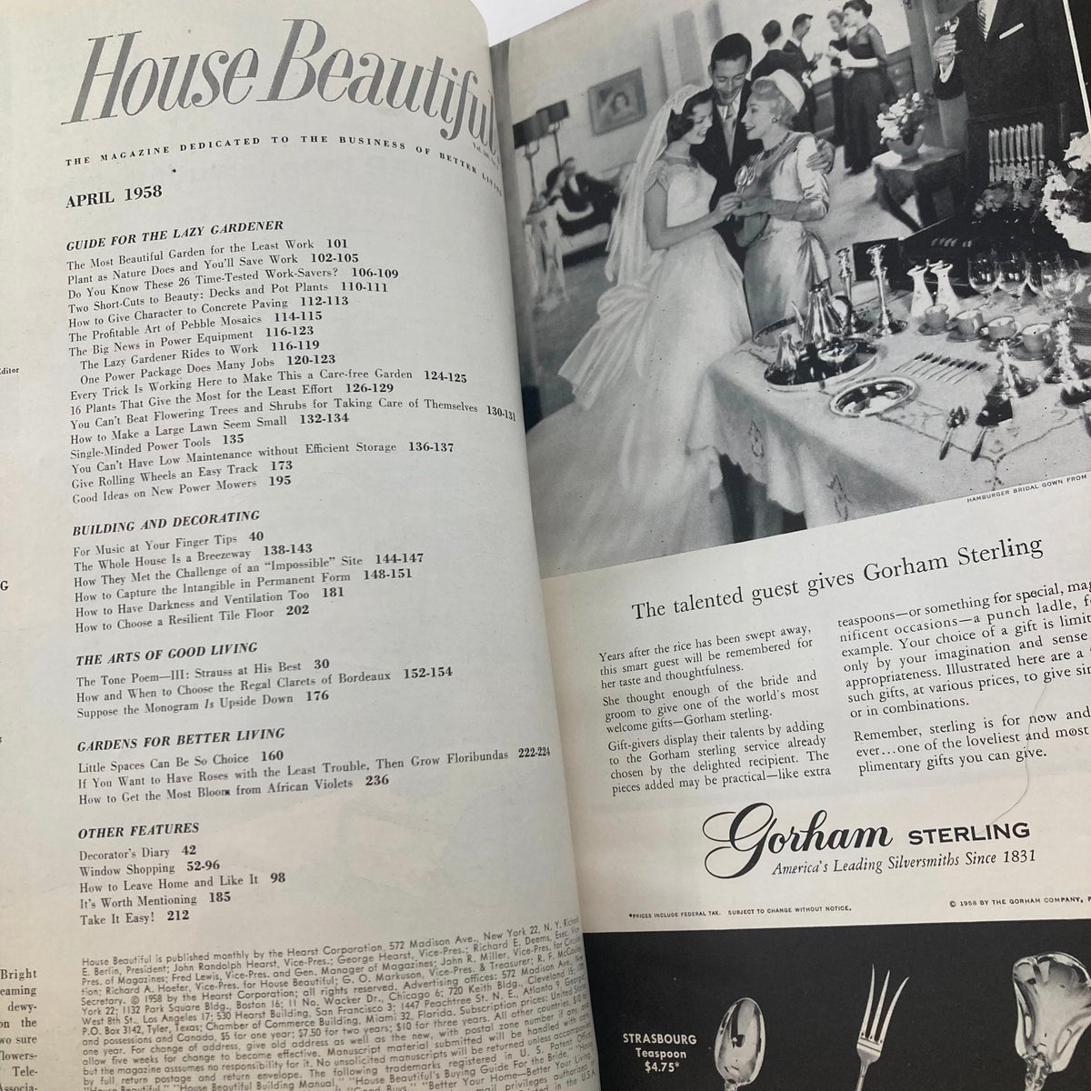 Page from House Beautiful Magazine April 1958 showcasing an array of home improvement articles and features including gardening, building and decorating tips, and elegant dining inspirations, reflective of mid-century design trends.