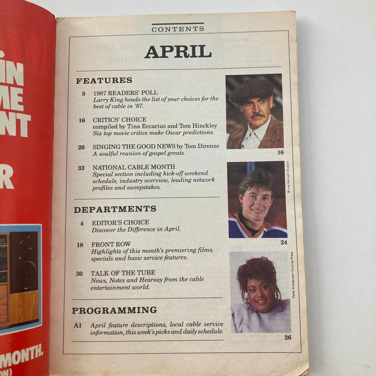 Contents page of The Cable Guide Magazine, April 1988, displaying articles including the 1987 Readers Poll and Critic's Choice.