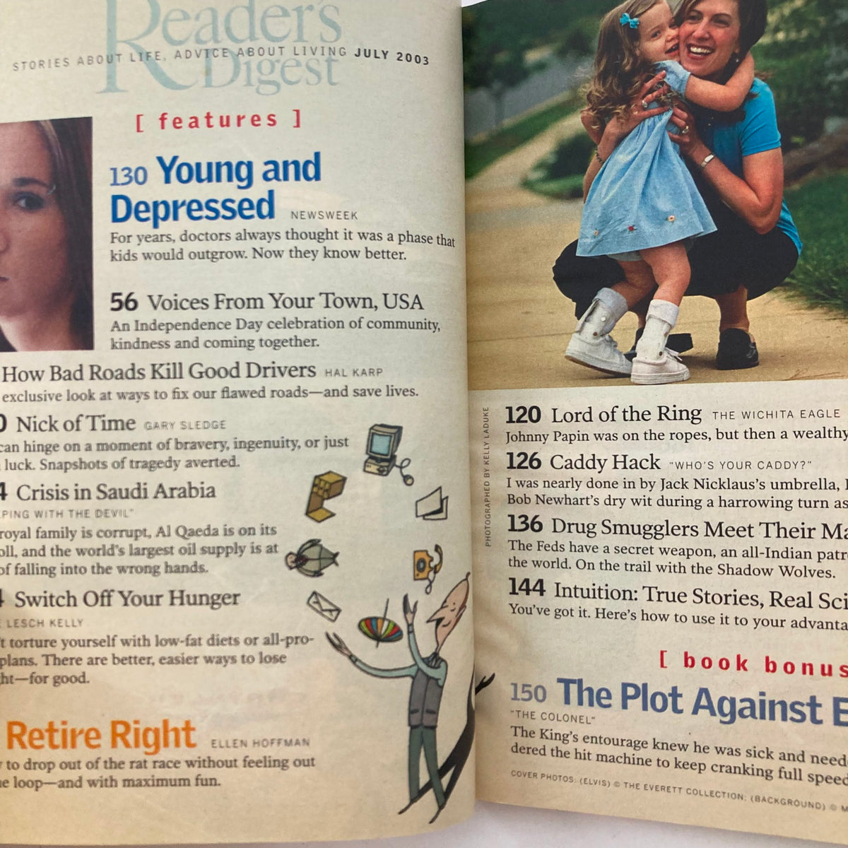 Inside pages of Reader's Digest Magazine July 2003 showcasing features and articles, including a story about Elvis Presley.