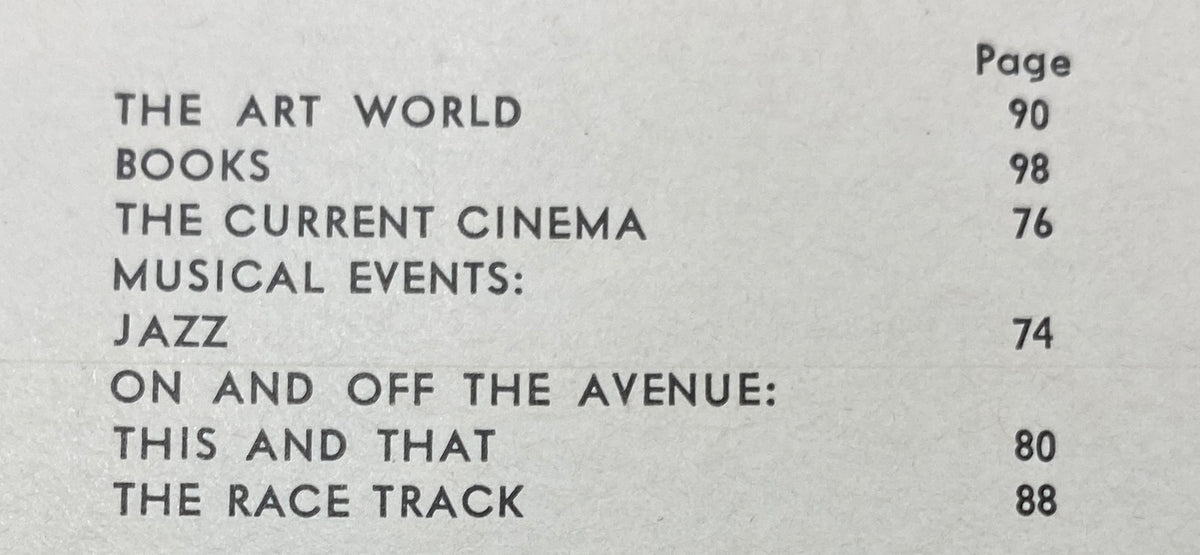 Table of contents from The New Yorker Complete Magazine August 26, 1967 featuring segments on Art World, Books, Current Cinema, and Jazz.