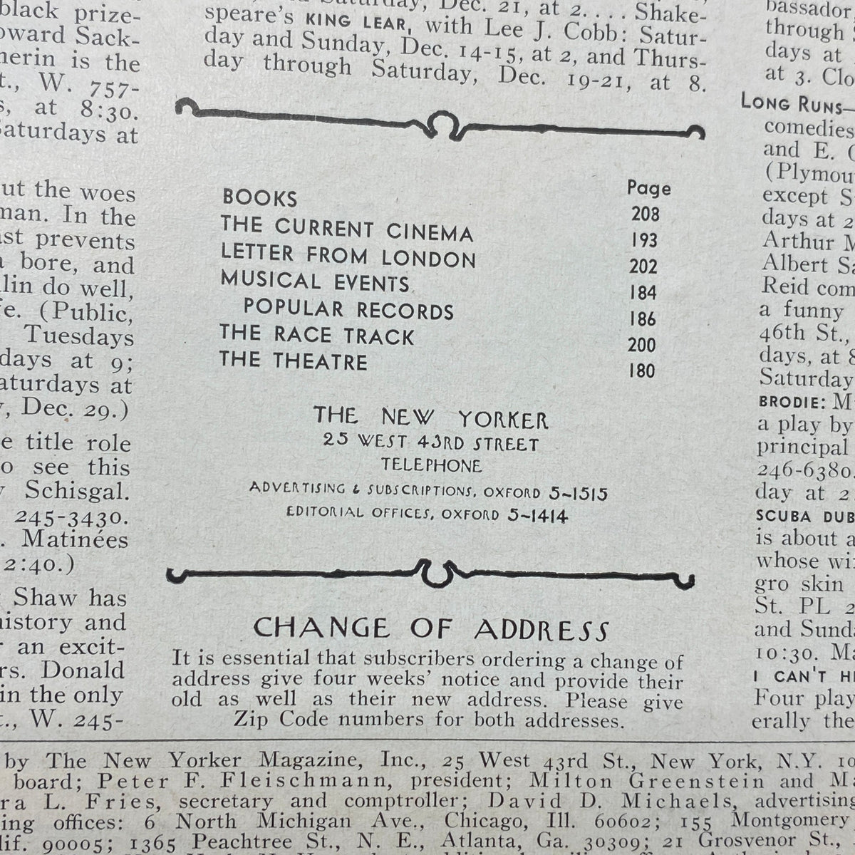 Interior page of The New Yorker Complete Magazine December 14, 1968 displaying a table of contents, listing notable articles such as 'Books', 'Current Cinema', 'Musical Events', and more, reflecting the magazine's diverse media coverage.