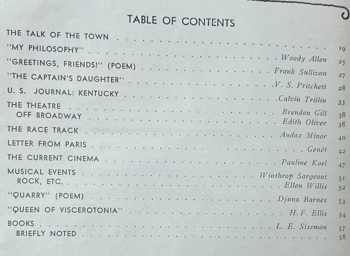 Table of Contents from The New Yorker Complete Magazine December 27, 1969, listing articles by prominent authors such as Woody Allen and Pauline Kael.