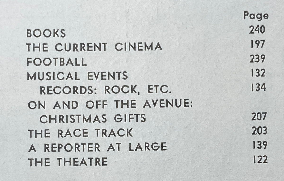 Page listing articles from The New Yorker Complete Magazine November 23, 1968 featuring topics like Books, The Current Cinema, and The Theatre. A valuable collectible representing the creative spirit of the late 1960s.