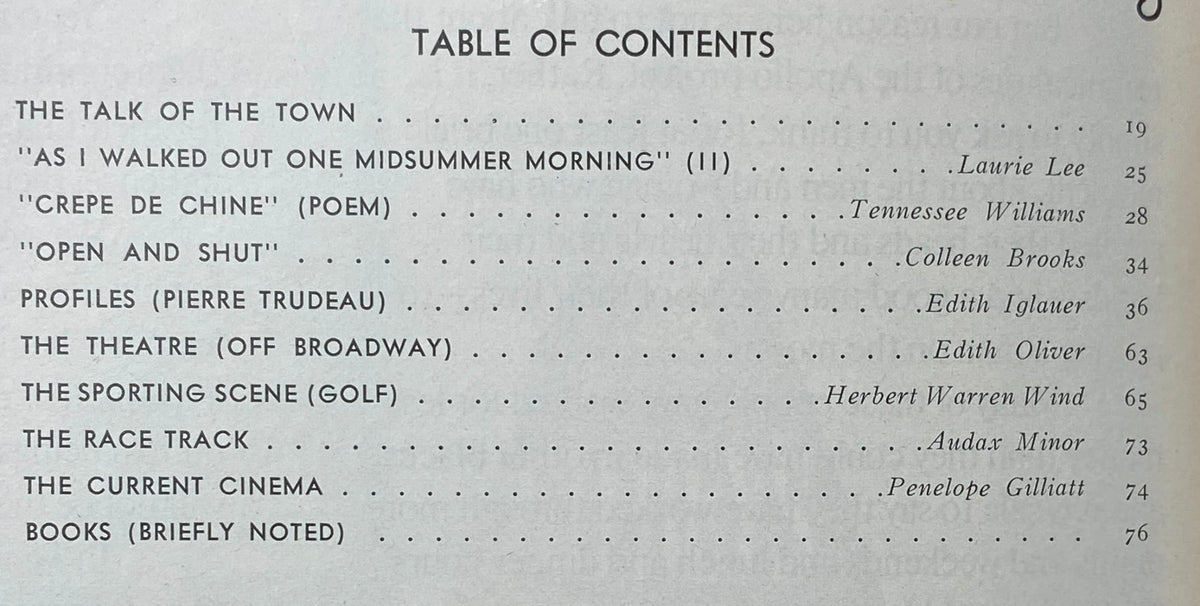 Table of contents page from The New Yorker Complete Magazine July 5, 1969, listing articles including 'The Talk of the Town' and profiles of notable figures like Pierre Trudeau.