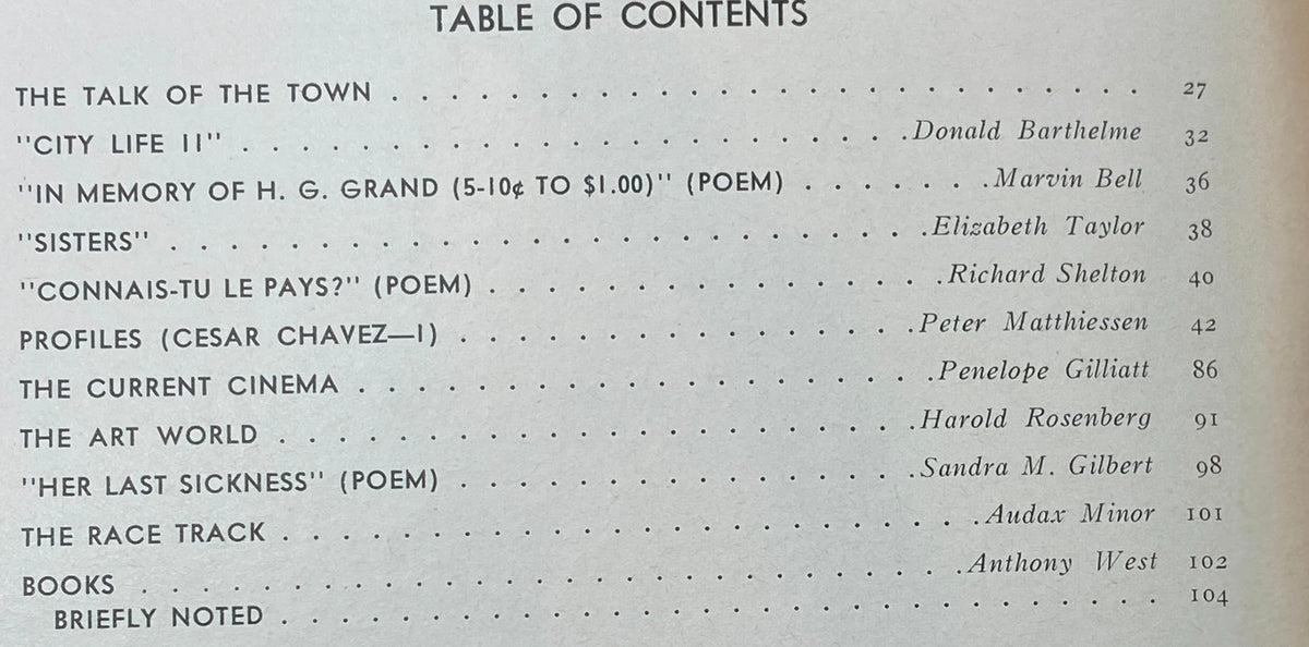 Table of contents from The New Yorker Complete Magazine June 21, 1969, featuring articles and poetry titles such as "The Talk of the Town," "City Life II," and profiles on César Chavez.