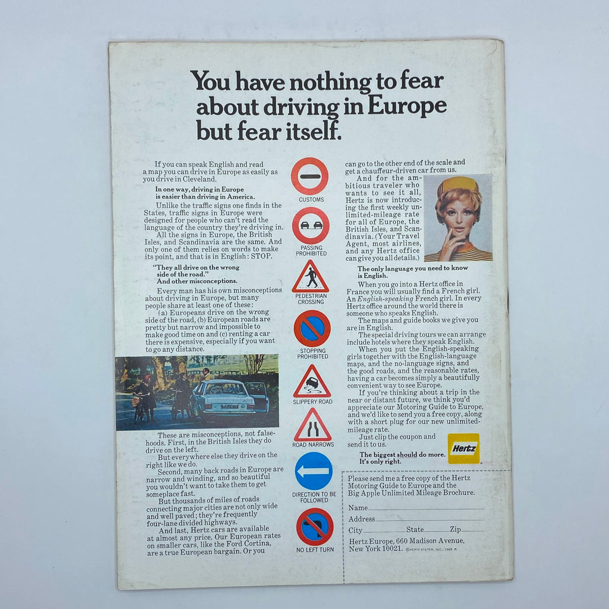 Back cover of The New Yorker magazine June 14, 1969, featuring an advertisement about driving in Europe with various road signs and a travel guide.