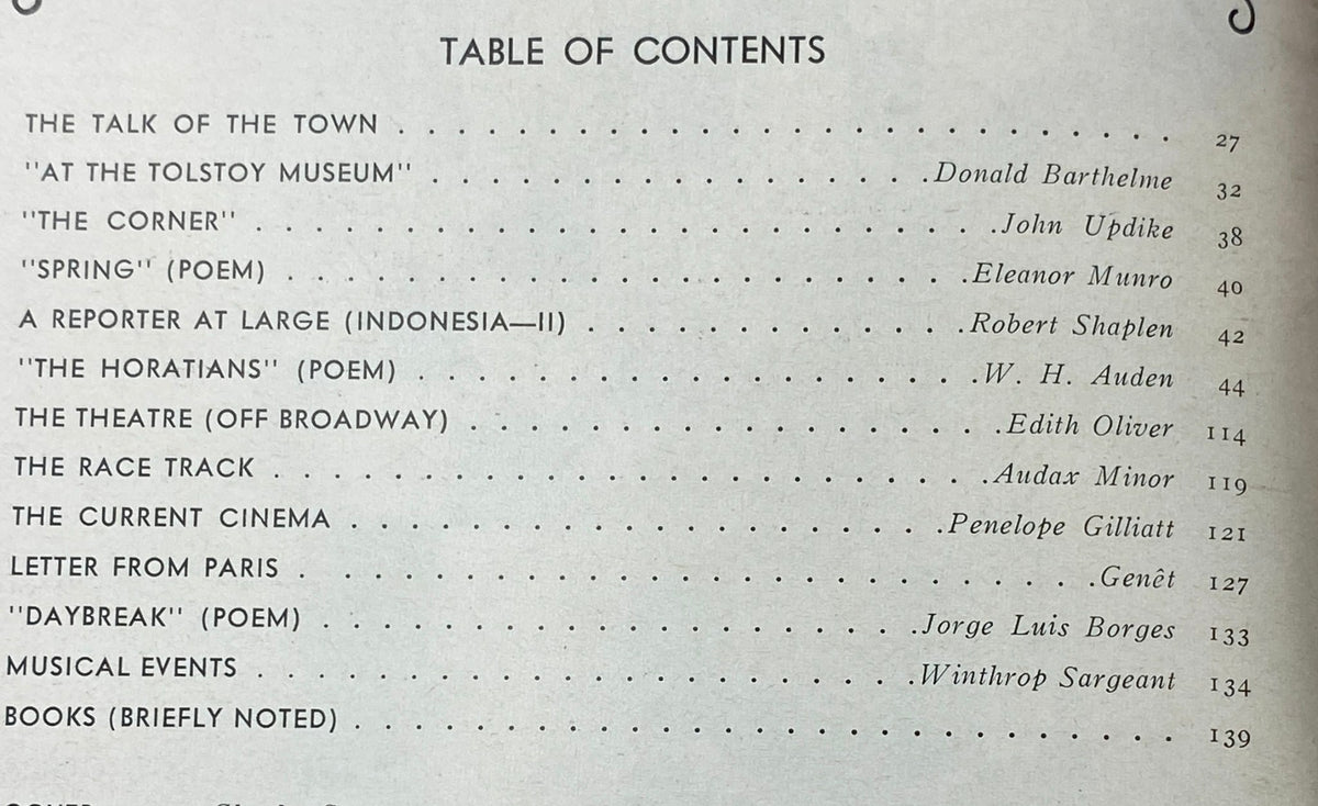 Table of Contents from The New Yorker Complete Magazine May 24, 1969, listing articles and poems by various authors, including Donald Barthelme and John Updike.