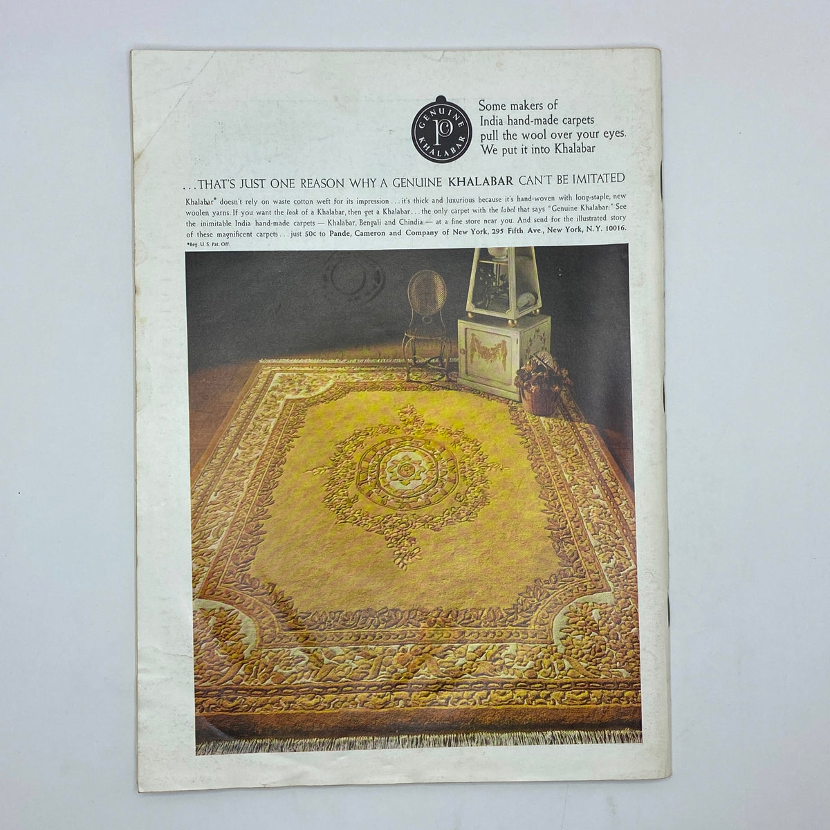Vintage advertisement featuring a Khalabar carpet on display, highlighting the luxurious texture and intricate design, from The New Yorker Complete Magazine January 17, 1970.