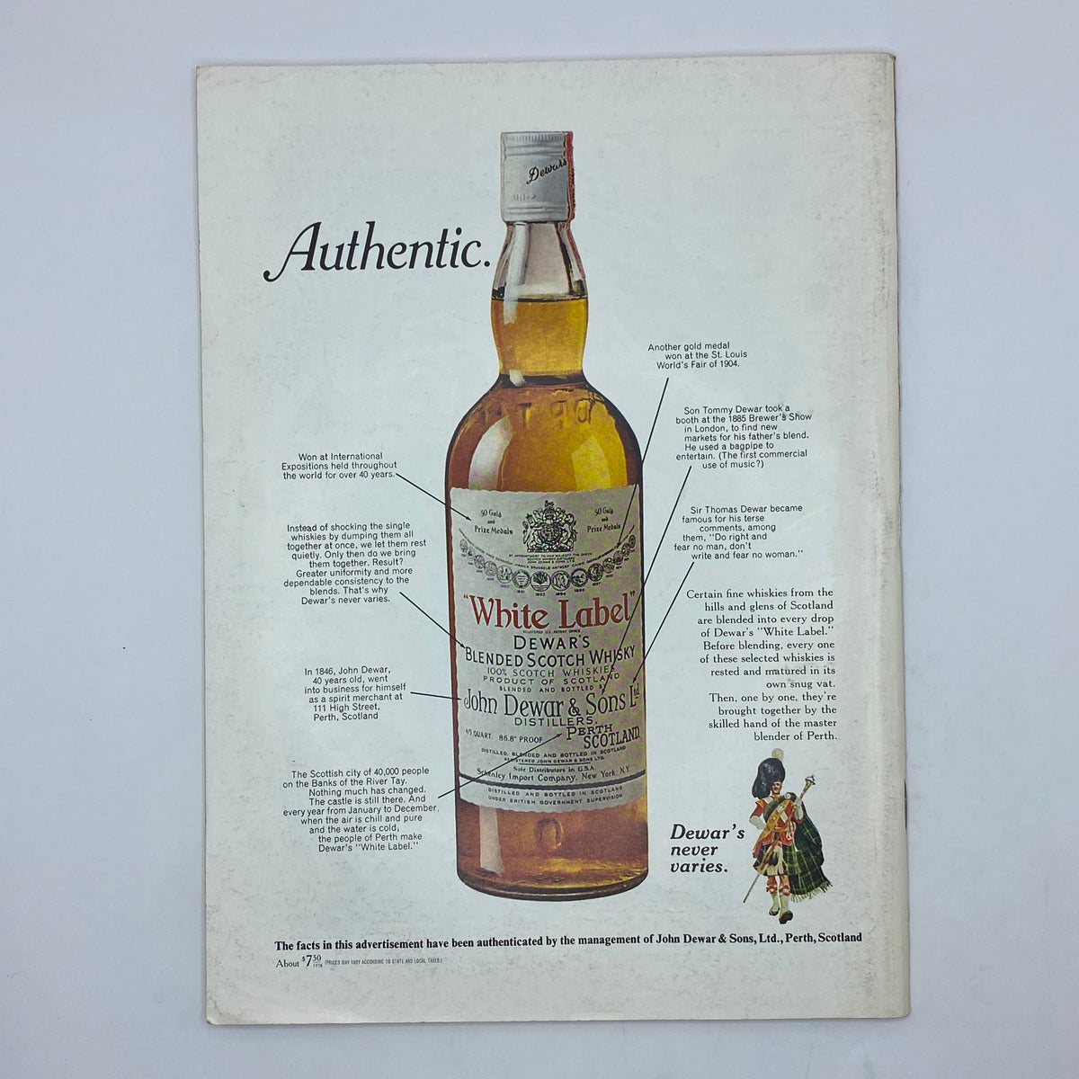 Vintage advertisement for Dewar's White Label Blended Scotch Whisky featured in The New Yorker, February 7, 1970, showcasing the iconic bottle and historical details.