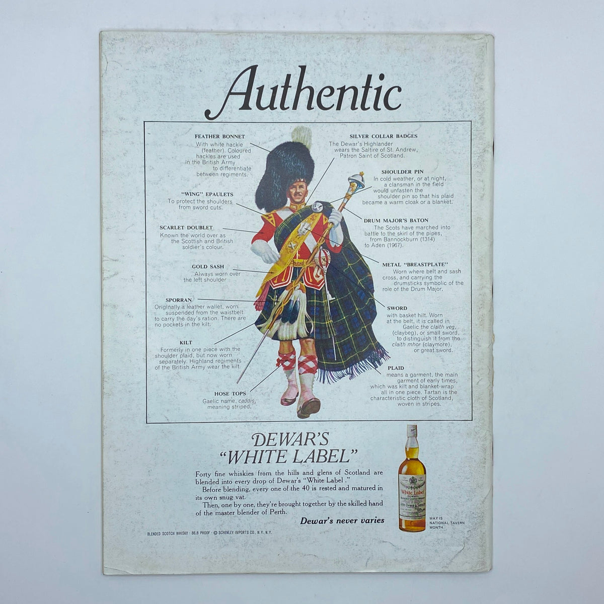 Back cover illustration of The New Yorker Complete Magazine May 31, 1969, featuring a detailed depiction of a Scottish highlander and a Dewar's White Label whisky advertisement.