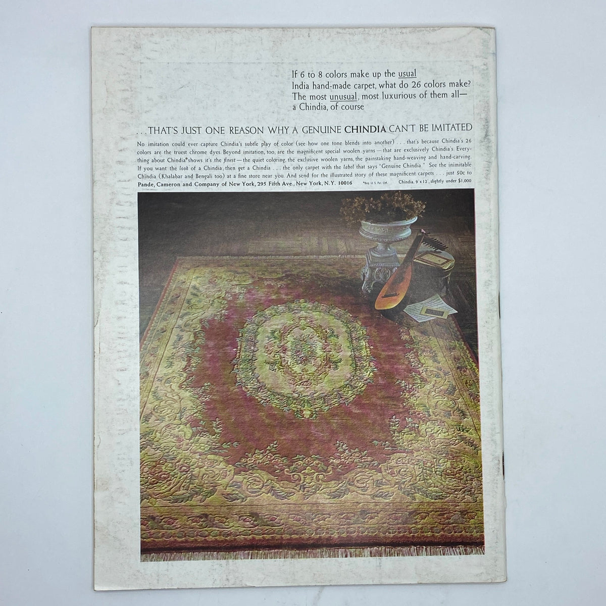 Advertisement from The New Yorker magazine January 18, 1969, promoting a luxurious Chindia carpet with a vibrant design, showcasing a living room setting.