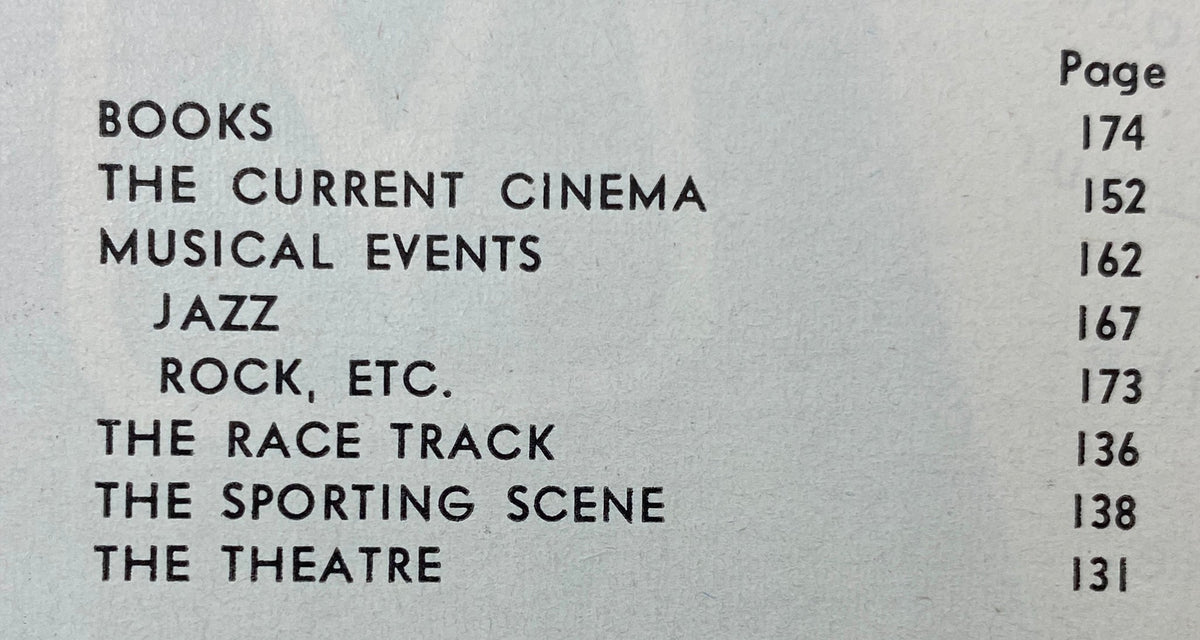 Table of contents from The New Yorker magazine, detailing sections including Books, The Current Cinema, and Jazz from the March 15, 1969 issue.