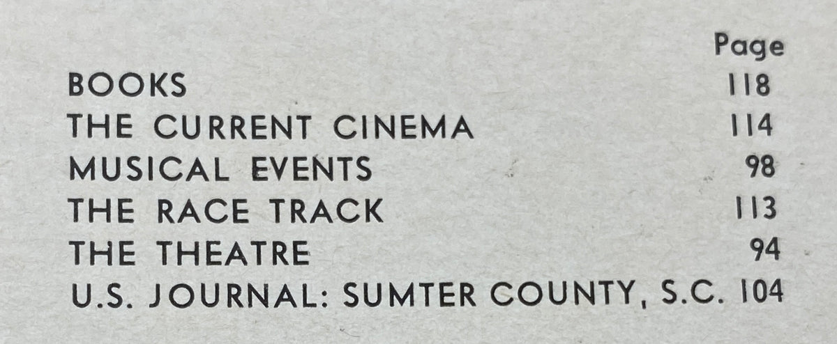 Contents page from The New Yorker magazine dated March 8, 1969, listing articles including 'Books', 'The Current Cinema', and 'Musical Events'.
