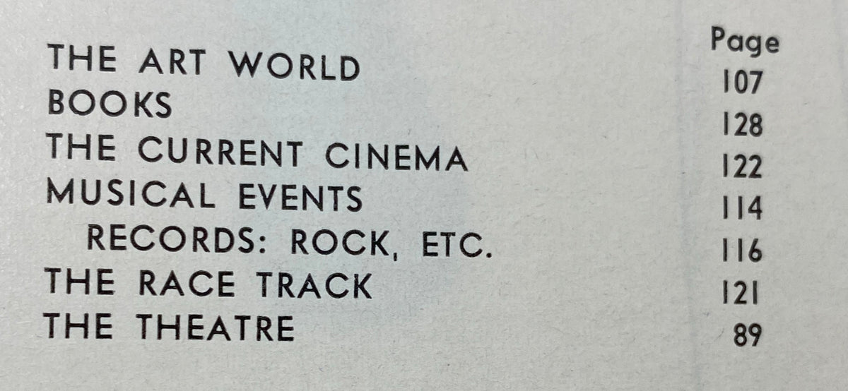Table of contents page from The New Yorker magazine, February 22, 1969, listing articles on art, cinema, and musical events, reflecting cultural commentary from the era.