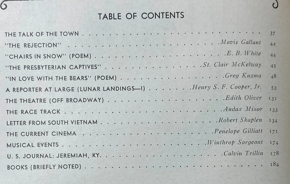 Table of contents of The New Yorker magazine, April 12, 1969, listing featured articles and authors including Mavis Gallant and E. B. White.