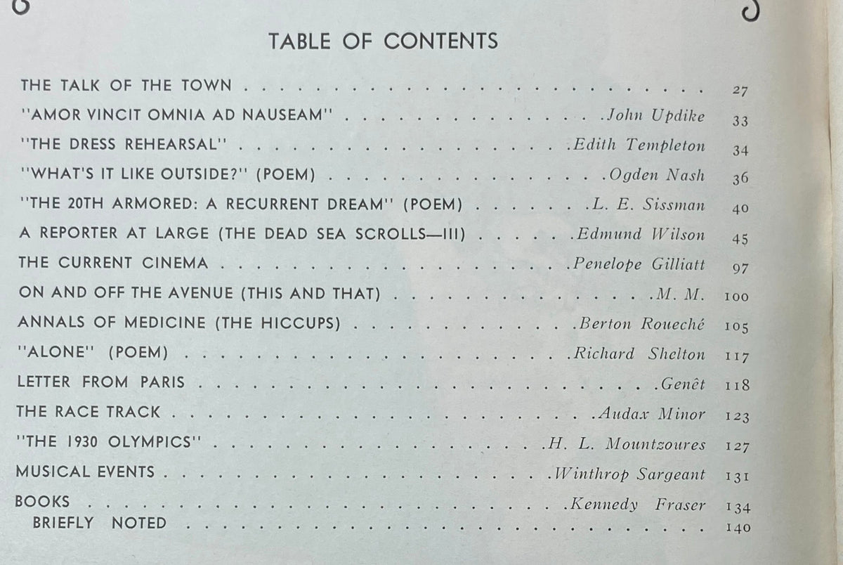 Table of contents page from The New Yorker magazine, dated April 5, 1969, featuring various literary works including 'Amor Vincit Omnia ad Nauseam' by John Updike and others, showcasing vintage magazine design.
