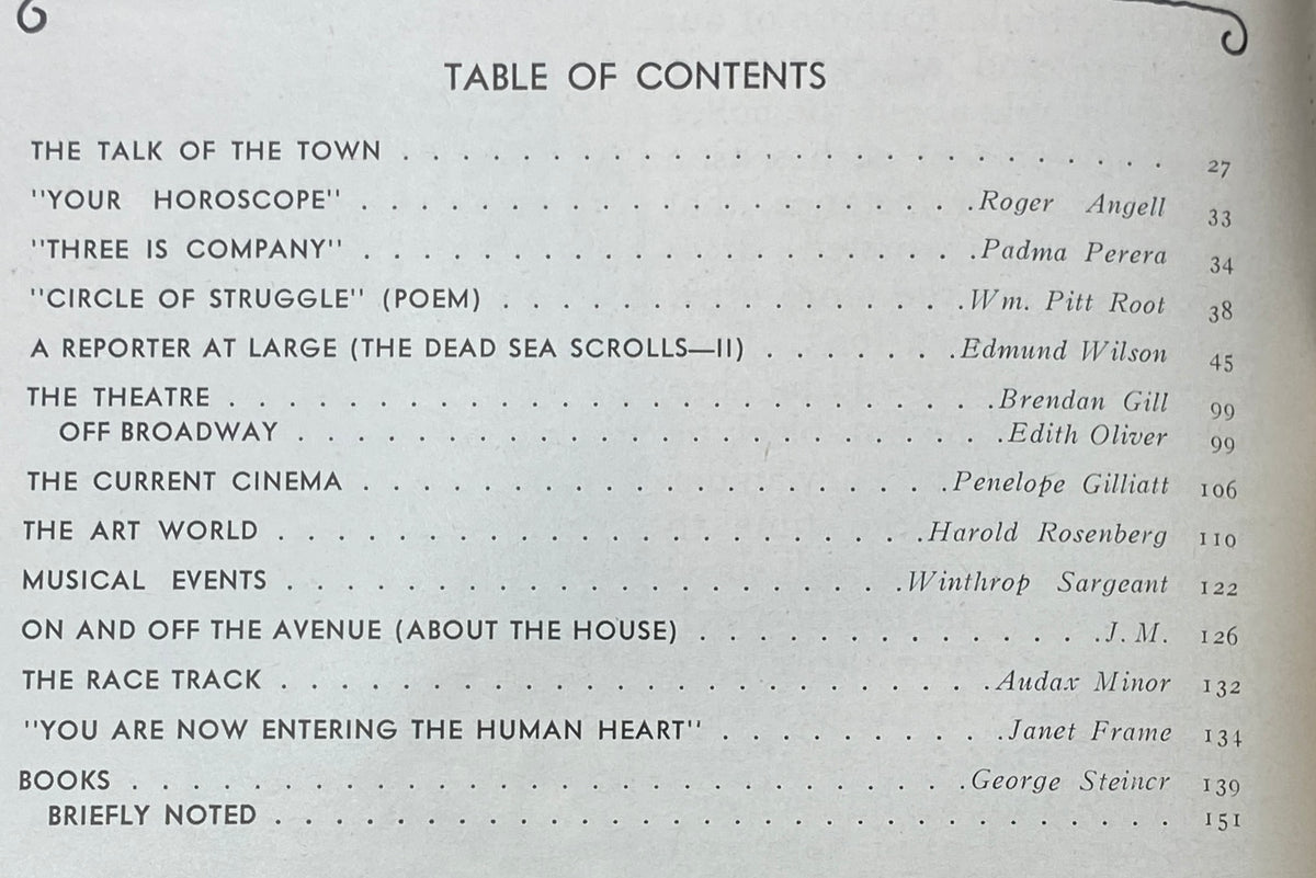 Table of contents from The New Yorker magazine, March 29, 1969, listing featured articles including 'The Talk of the Town', 'Your Horoscope', and 'Circle of Struggle' poem.