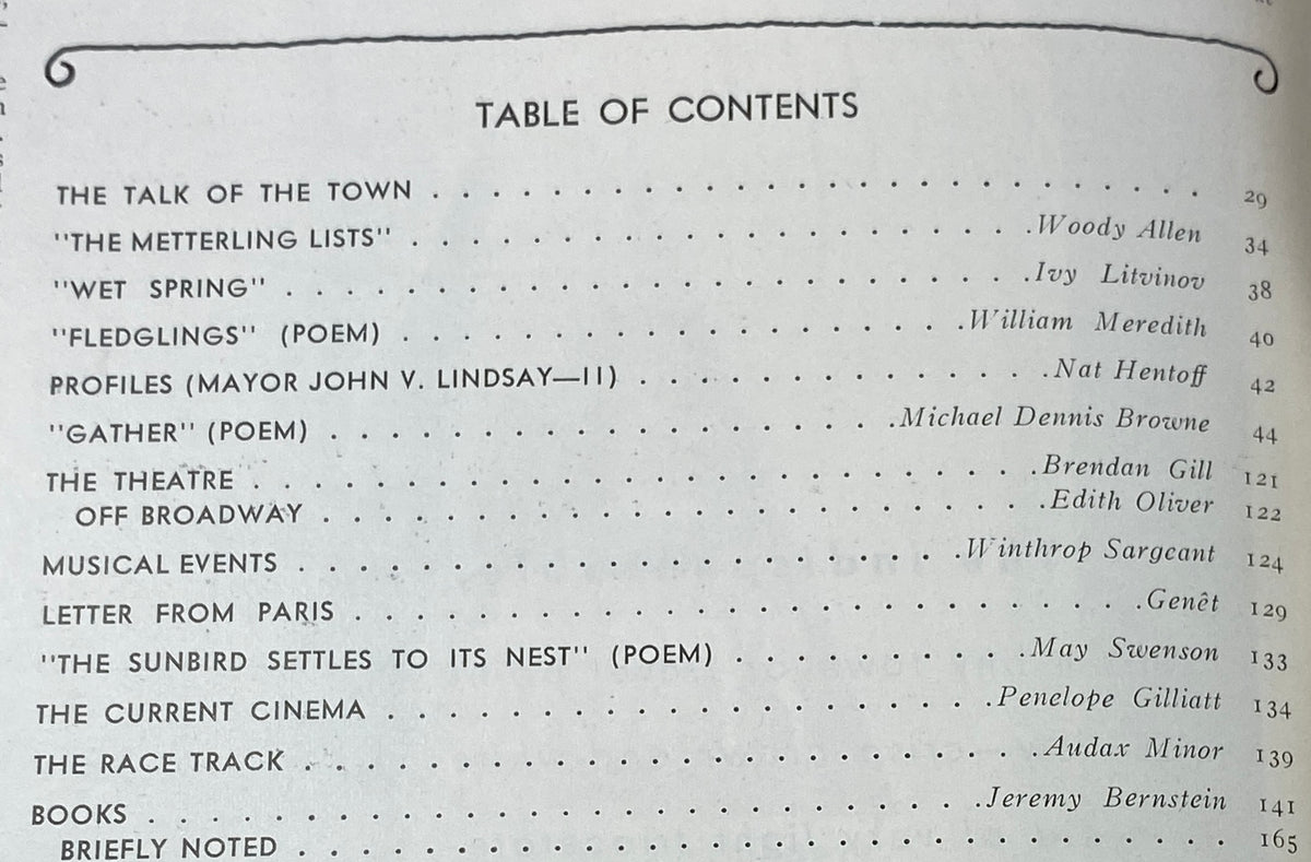 Table of contents page from The New Yorker magazine, May 10, 1969, listing featured articles and poems, including contributions from notable writers.