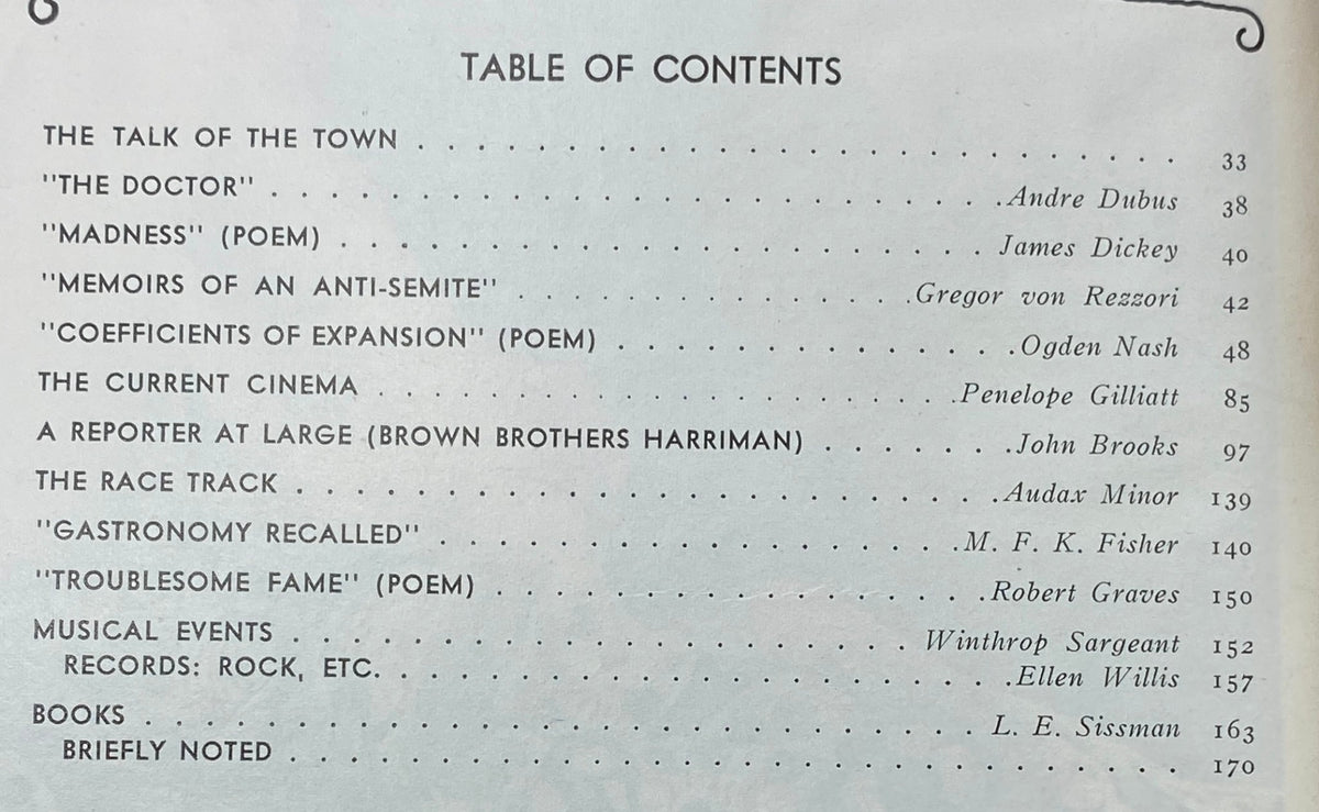 Table of contents from The New Yorker, April 26, 1969, listing features such as 'The Talk of the Town,' poems and various articles.