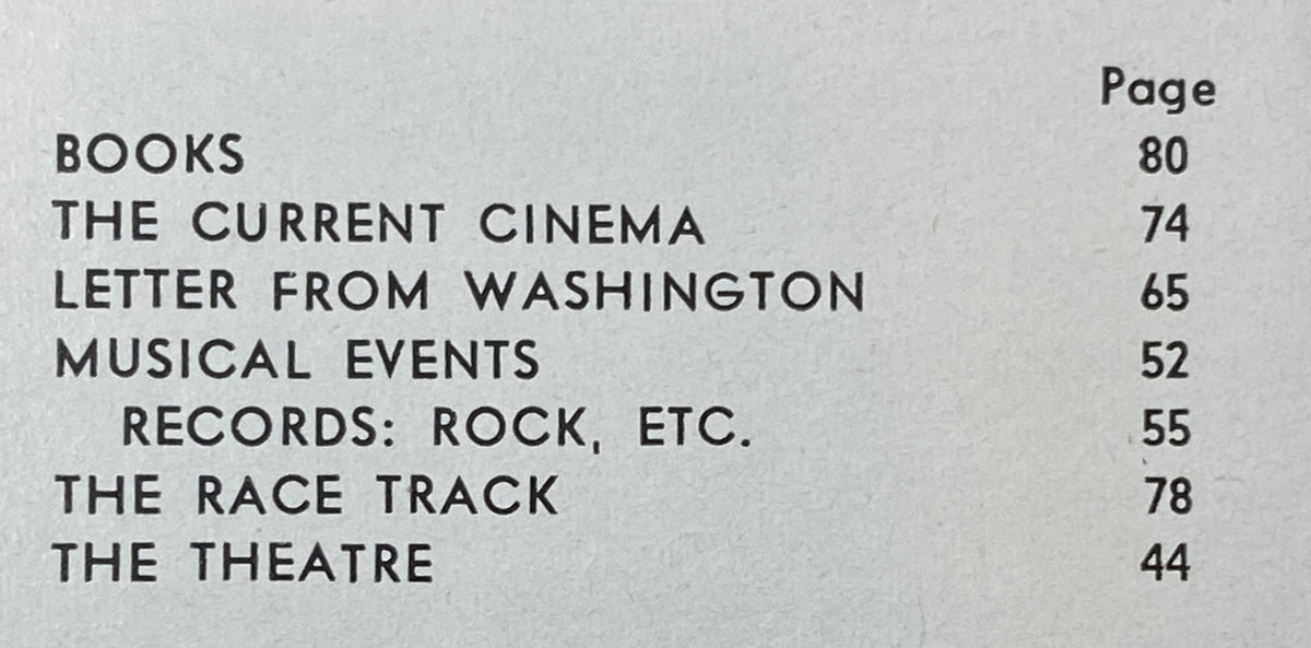 Table of contents page from The New Yorker Complete Magazine February 1, 1969, listing articles including 'Books', 'The Current Cinema', and 'Musical Events'.