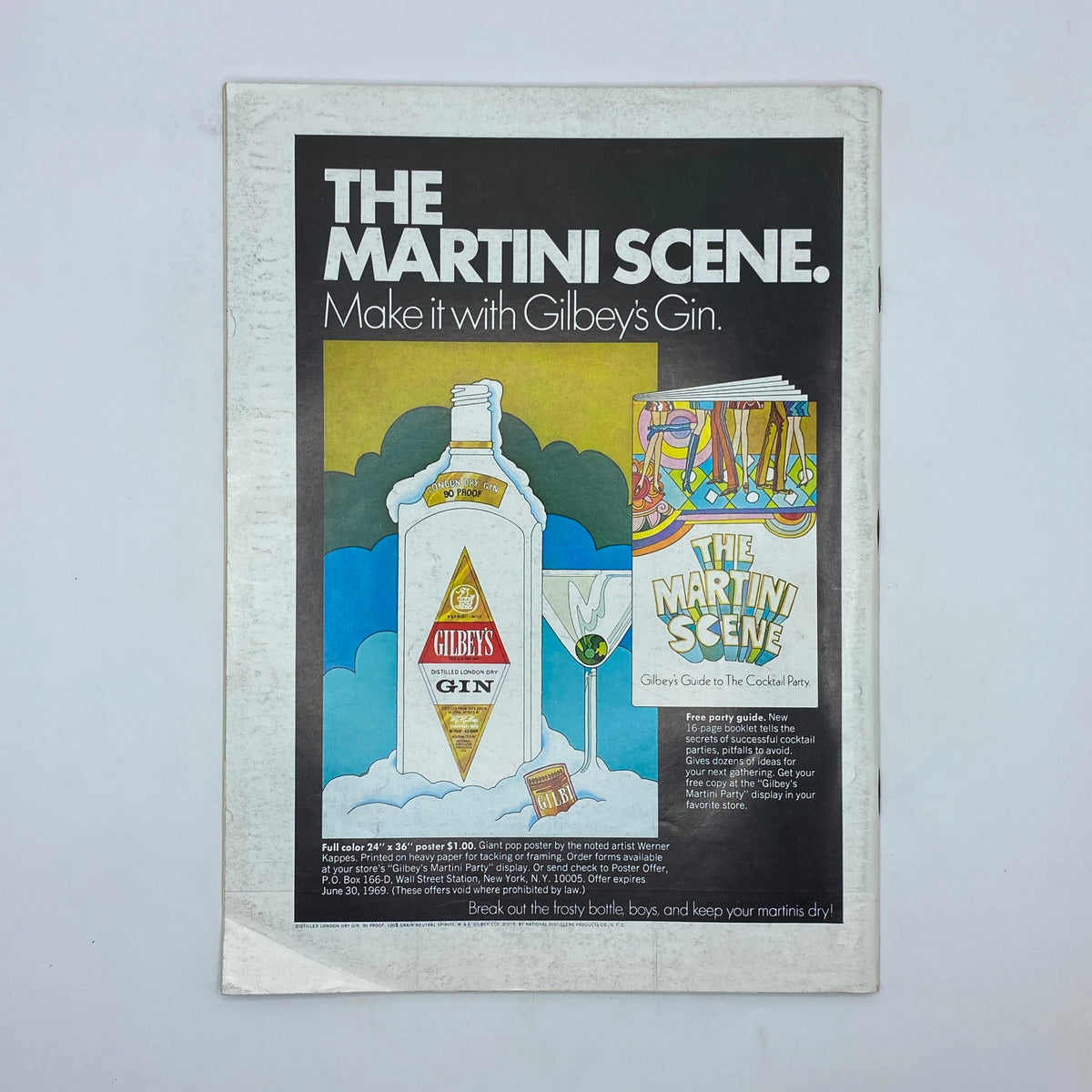 Advertisement for Gilbey's Gin titled 'The Martini Scene' from The New Yorker Complete Magazine February 1, 1969, promoting cocktail party ideas.