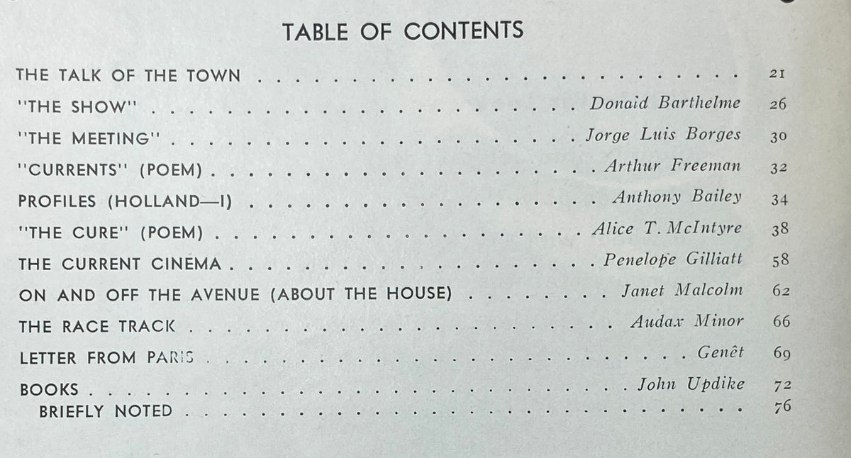 Table of contents from The New Yorker Complete Magazine August 8, 1970, listing featured articles including 'The Show,' 'The Meeting,' and notable contributors such as Donald Barthelme and Jorge Luis Borges.