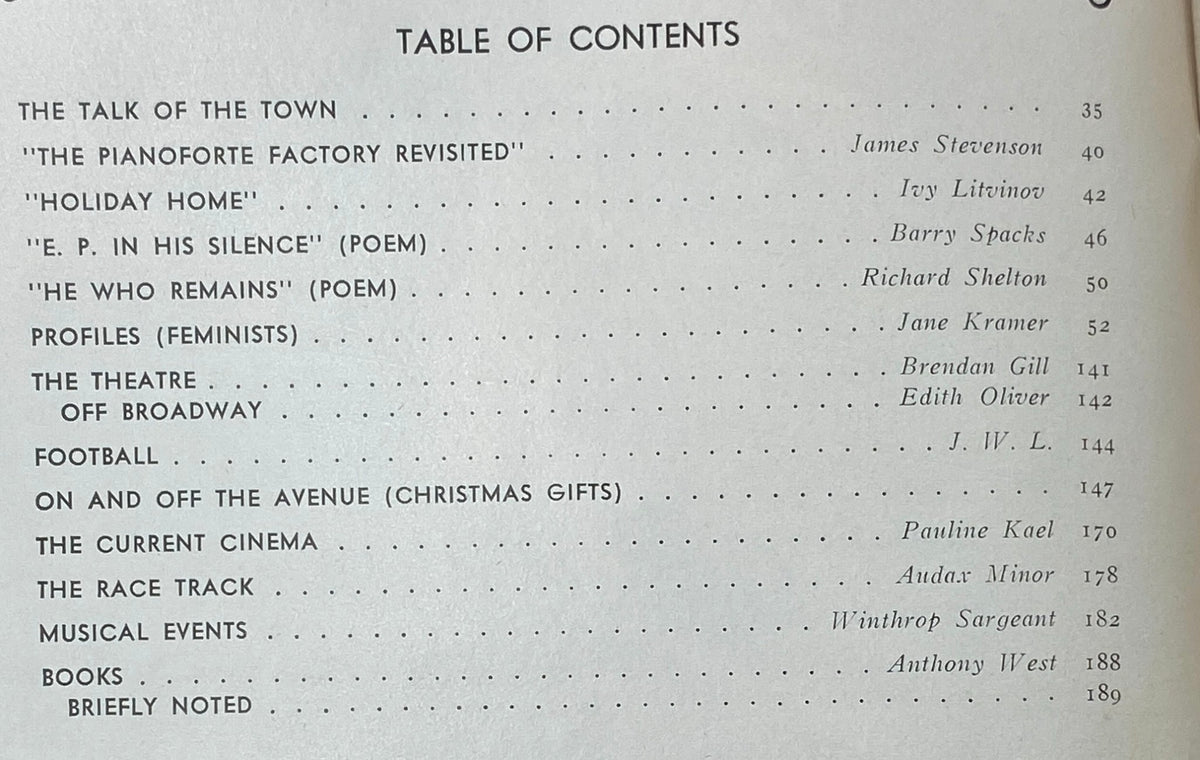 Table of Contents from The New Yorker Complete Magazine November 28, 1970 including articles by James Stevenson, Ivy Litvinov, and reviews by Pauline Kael.