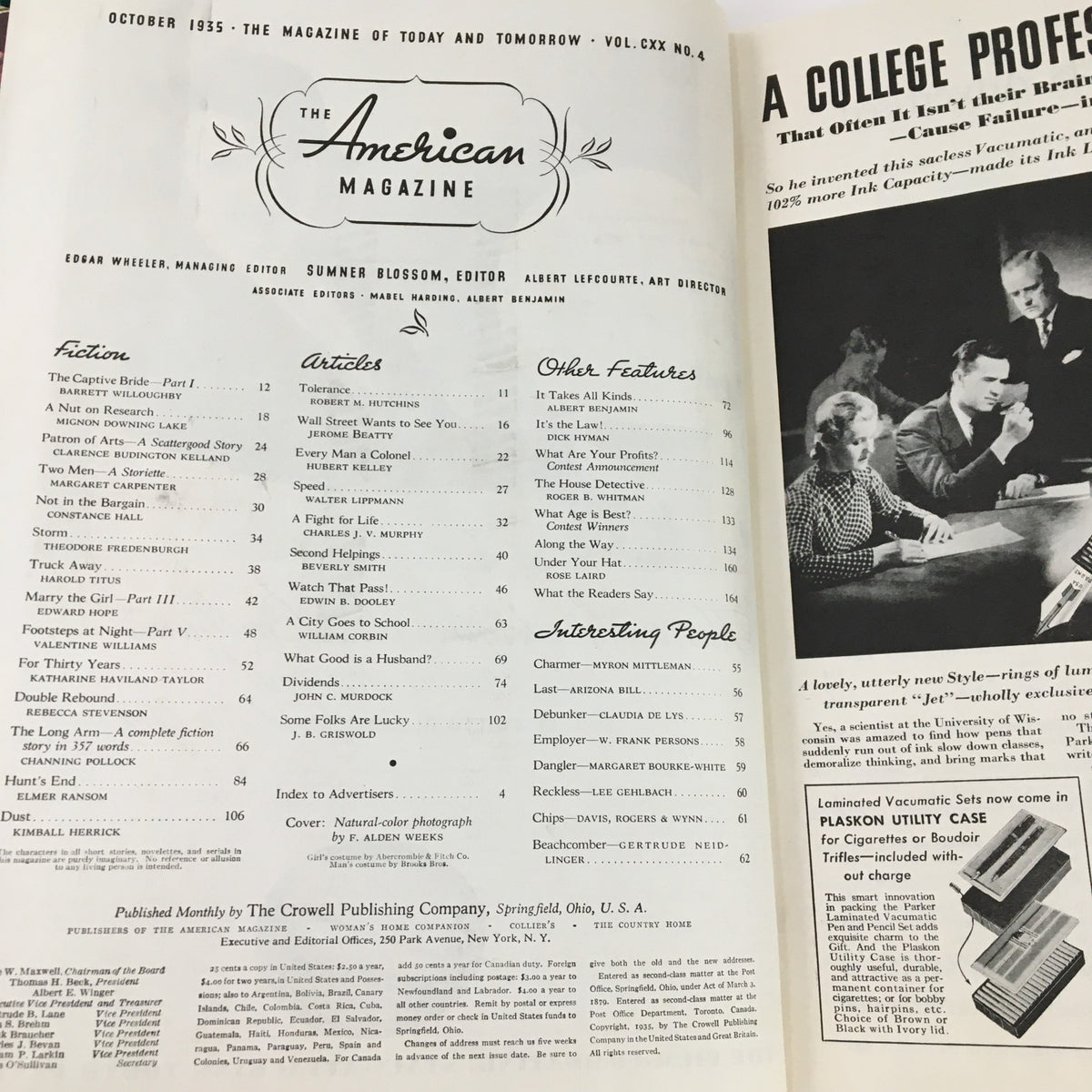 Interior page of VTG The American Magazine October 1935 with the table of contents listing stories and articles including The Captive Bride Part I.