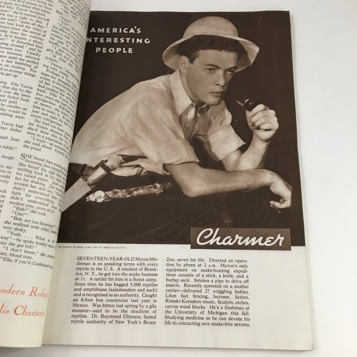 Vintage The American Magazine October 1935 featuring a profile of a youth, Myron Mitelman, seated with a pipe and discussing his interest in reptiles. Captivating representation of 1930s youth culture.