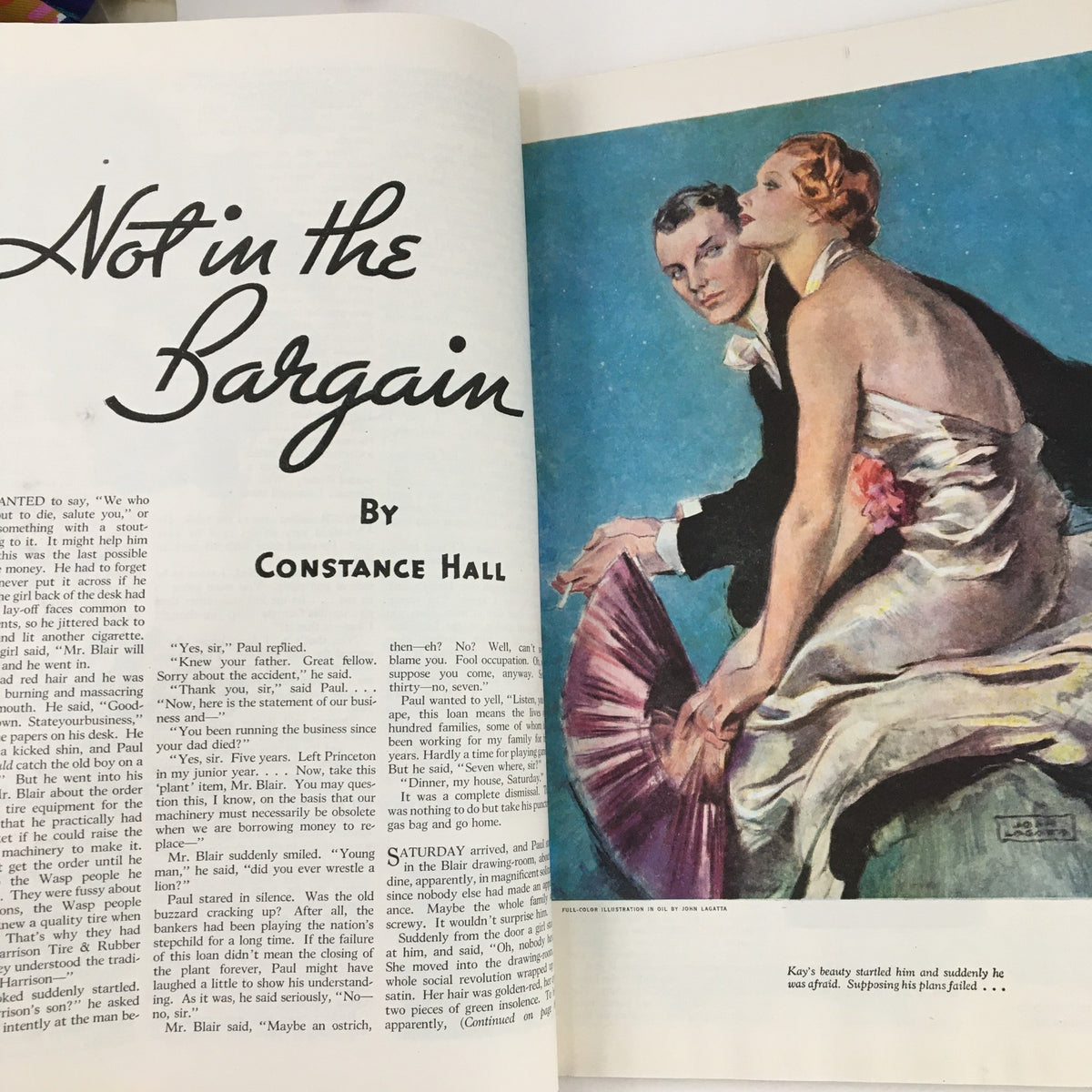 Illustration from The American Magazine October 1935 titled 'Not in the Bargain' by Constance Hall, showcasing a couple in formal attire, reflecting the romantic themes of vintage literature.