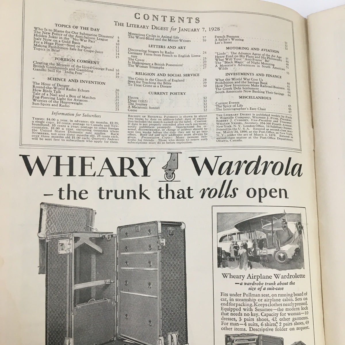 Contents page of the VTG The Literary Digest January 7 1928, listing articles and features from the issue, including topics on literature, arts, and current events.