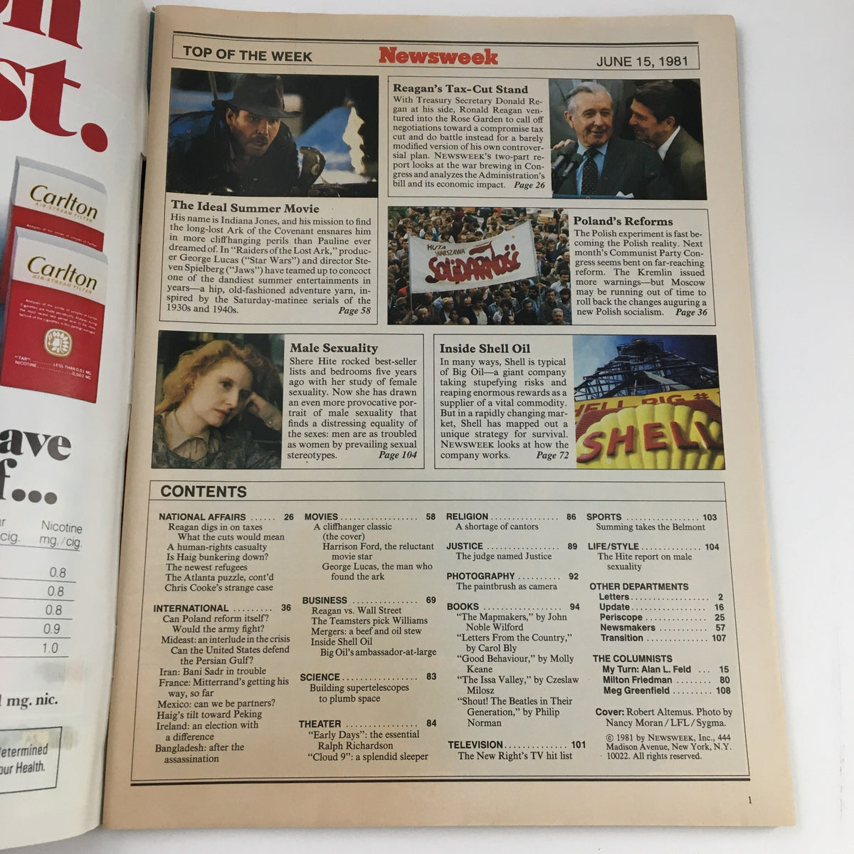Interior page of Newsweek Magazine June 15, 1981, displaying the contents and features, including an article about 'Raiders of the Lost Ark' and notable cultural events of the time.