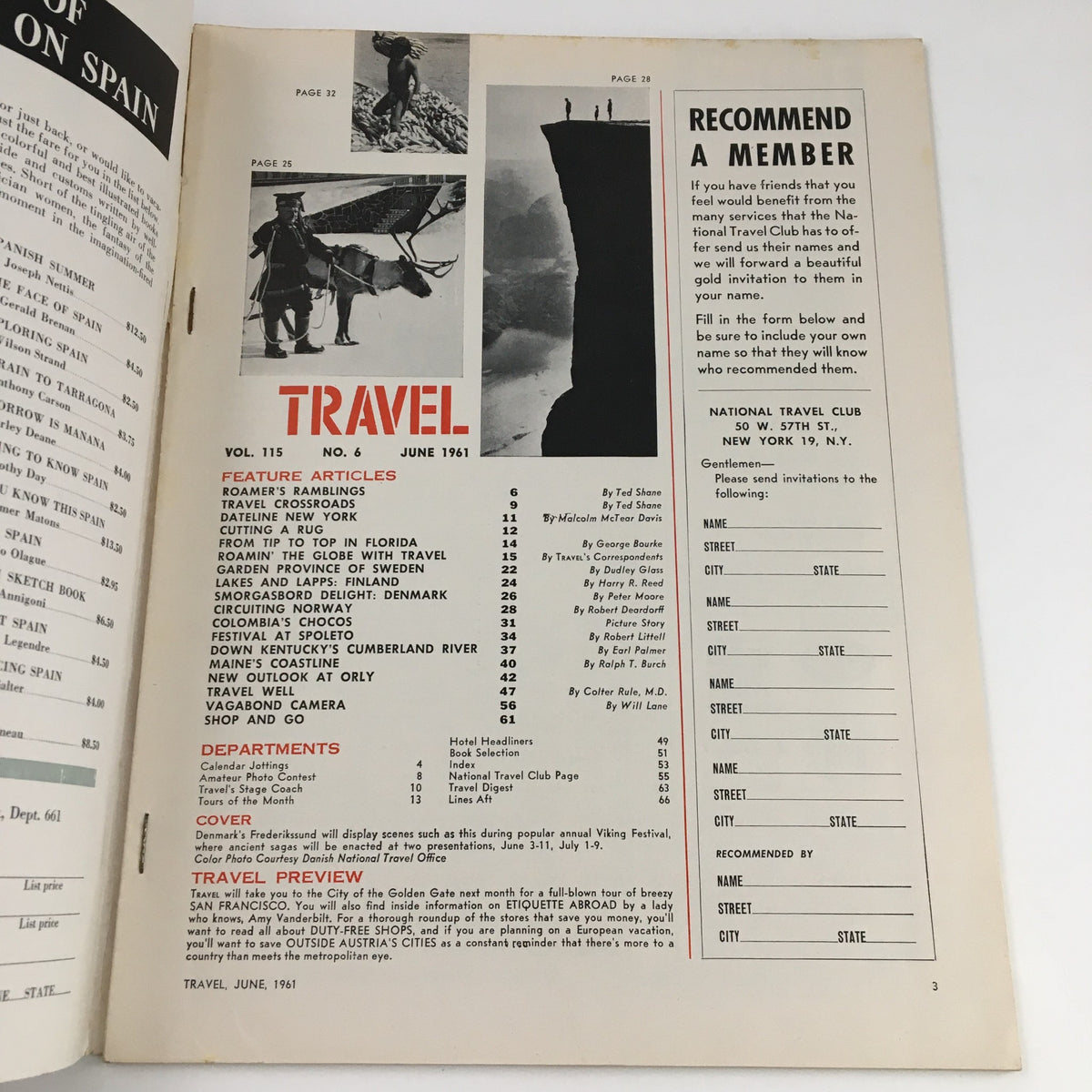 Interior page of the VTG Travel Magazine from June 1961, showcasing the table of contents and feature articles related to travel in Vikingland.
