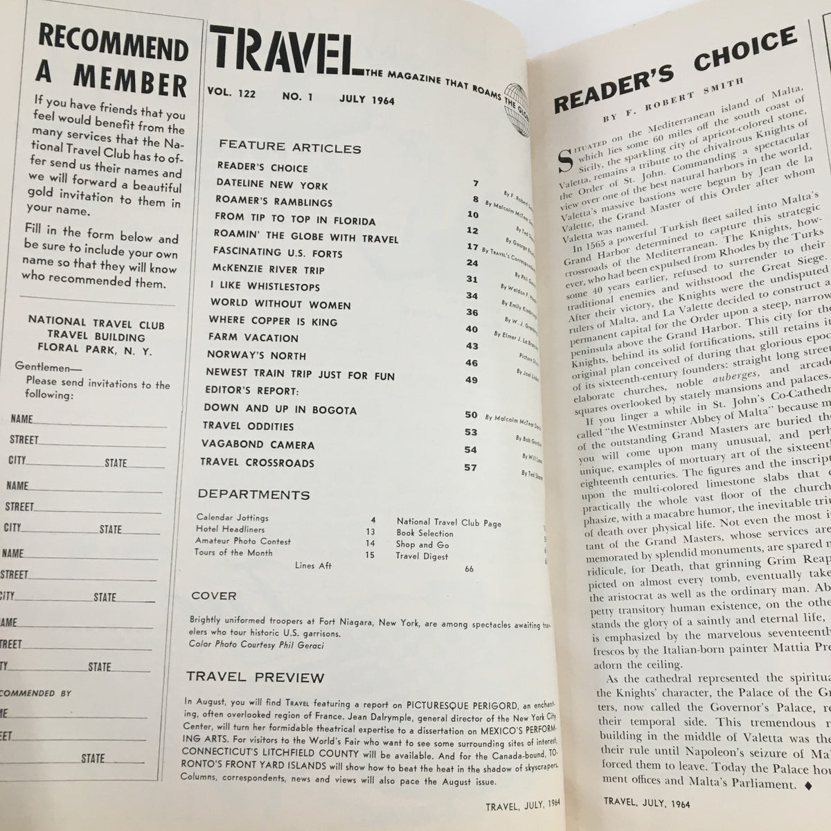 Interior page of VTG Travel Magazine July 1964, showcasing the table of contents with featured articles including 'Reader's Choice' and 'Fascinating U.S. Forts', indicative of travel insights from the 1960s.