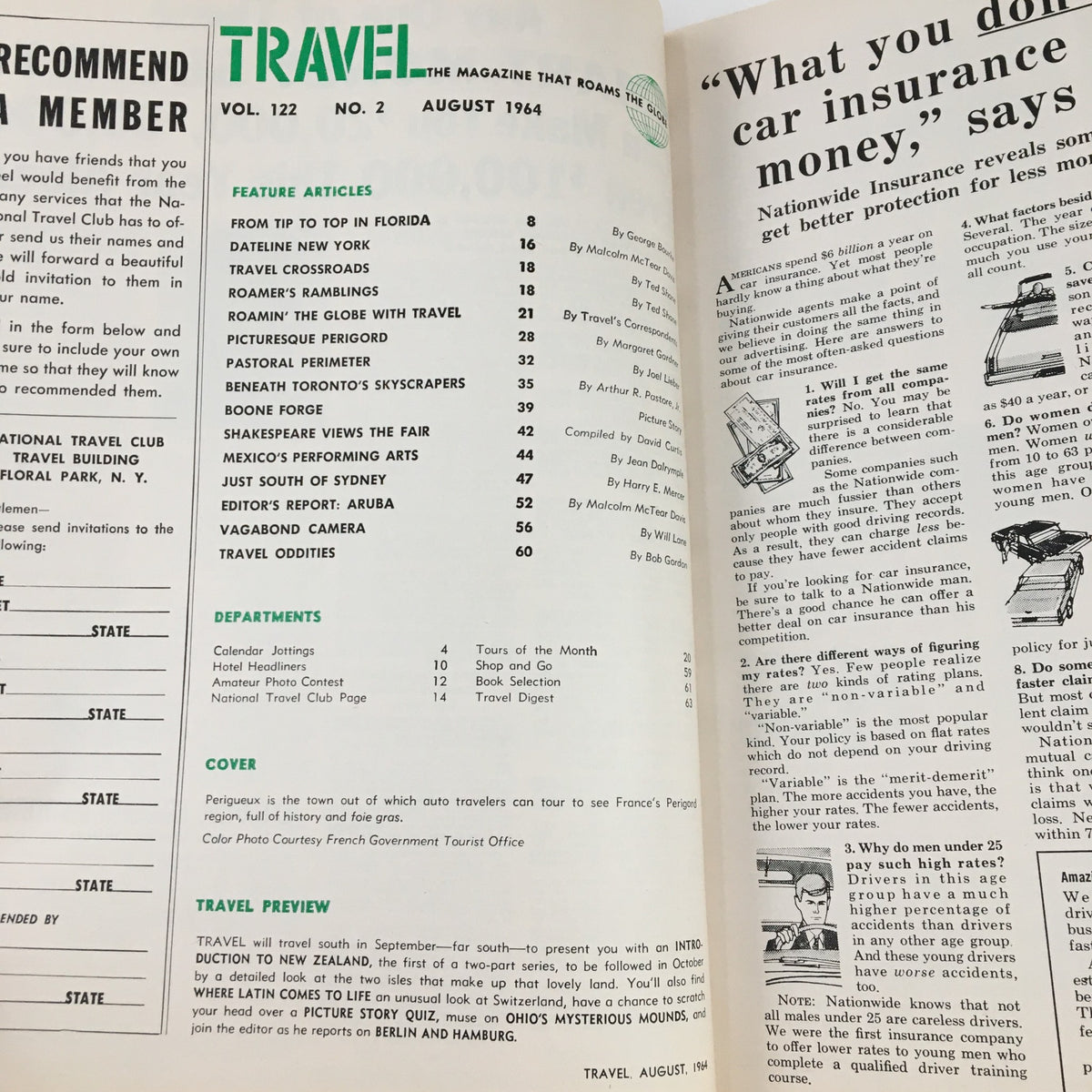 Inside page of VTG Travel Magazine August 1964, displaying features and articles, with a focus on France's Perigord Region and culinary heritage.